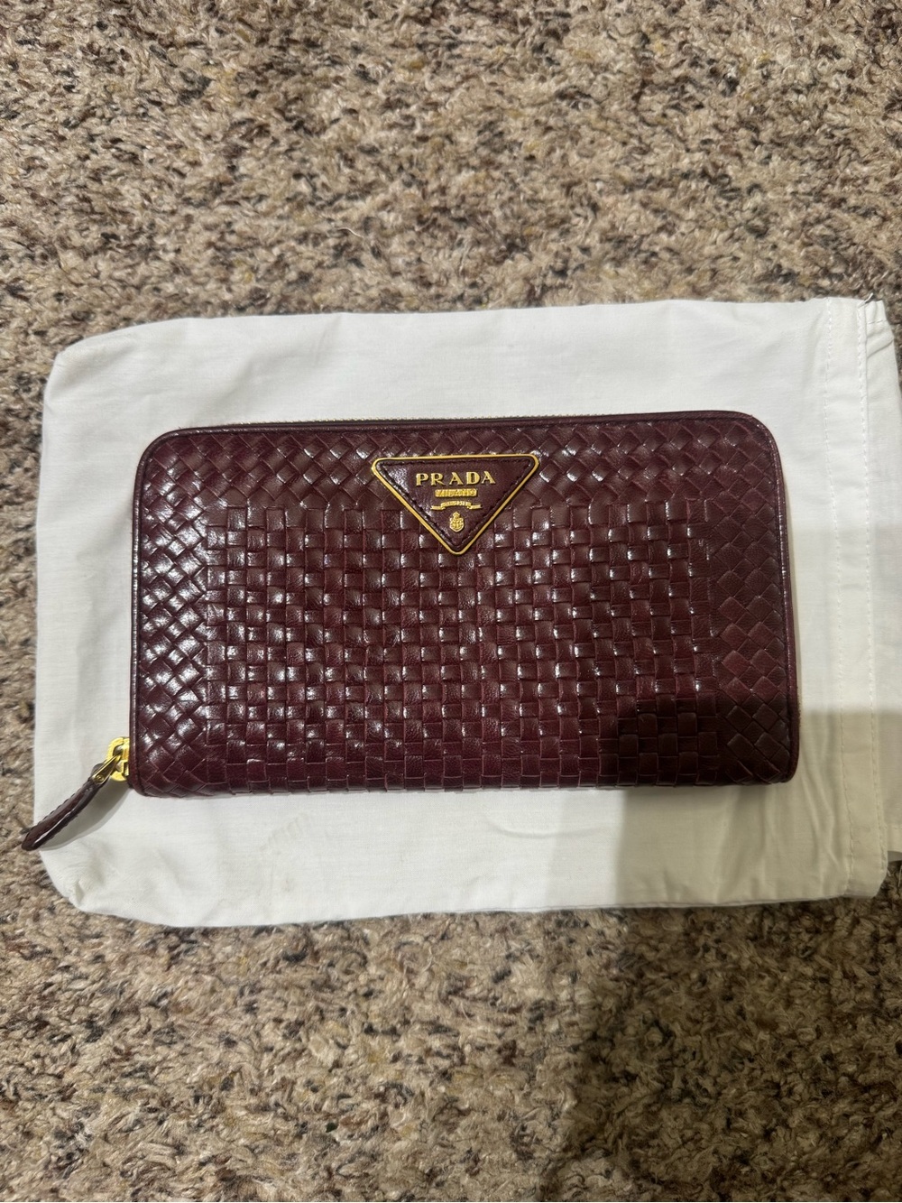 Prada Woven Leather Zip Wallet - Burgundy